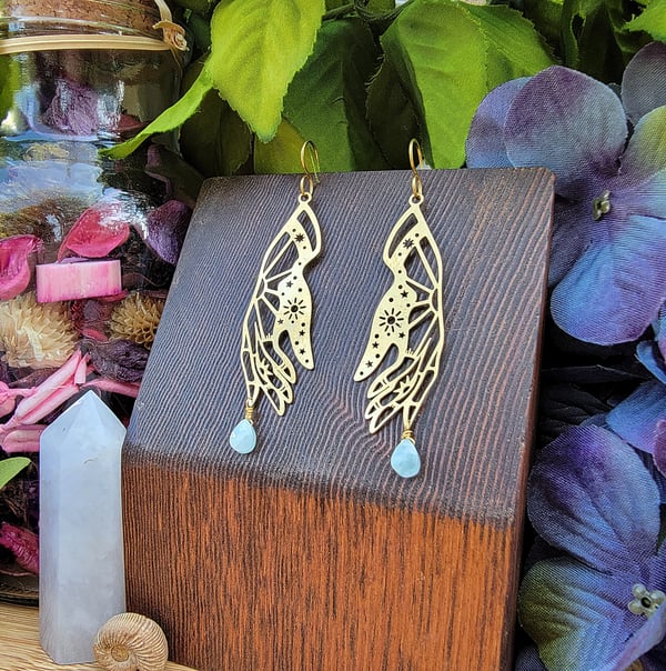Image of Celestial Brass Hand + Aquamarine Earrings