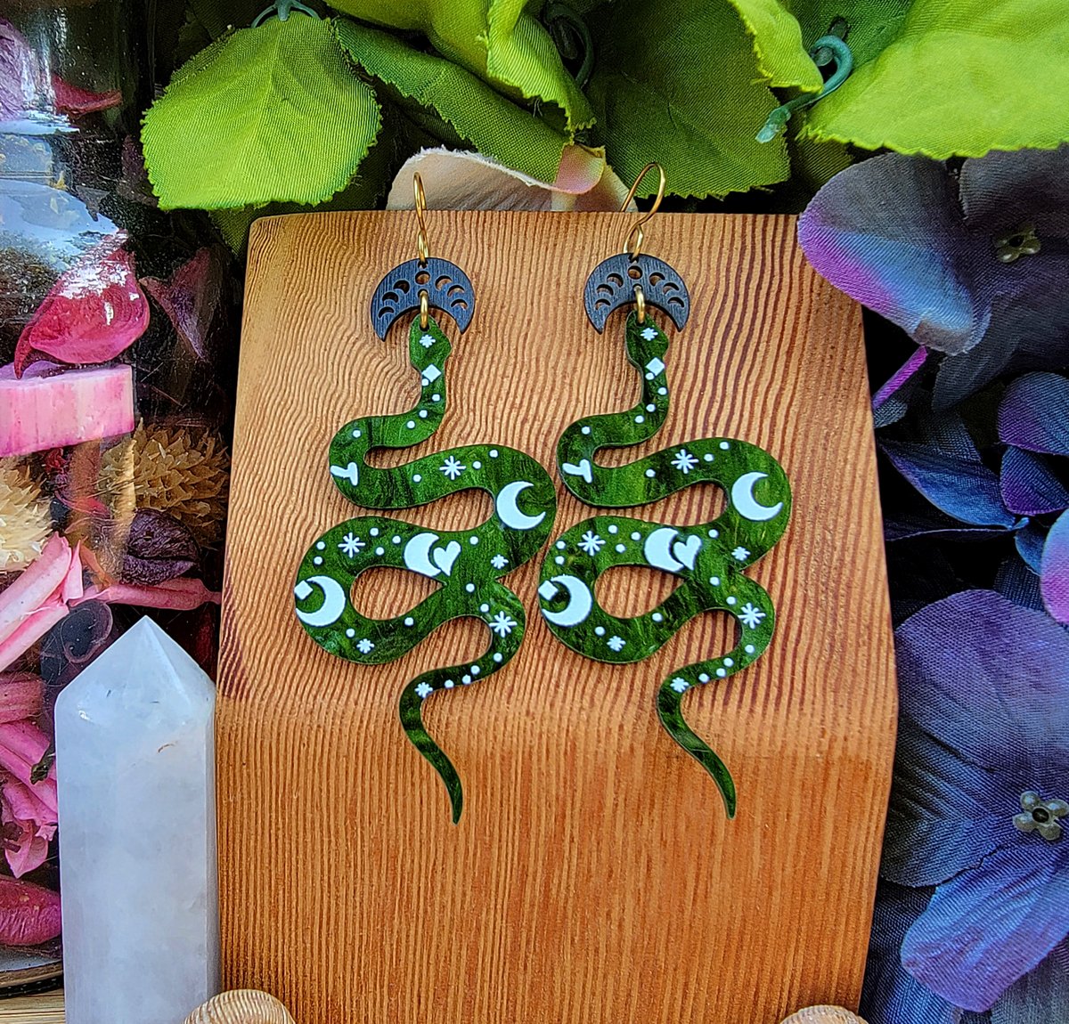 Celestial Green Snake Earrings (Brass hooks) Gem and Pebble