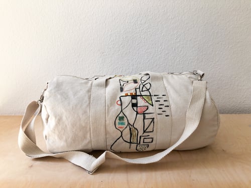Image of Hand embroidered and hand painted duffle bag, one of a kind, made of recycled cotton