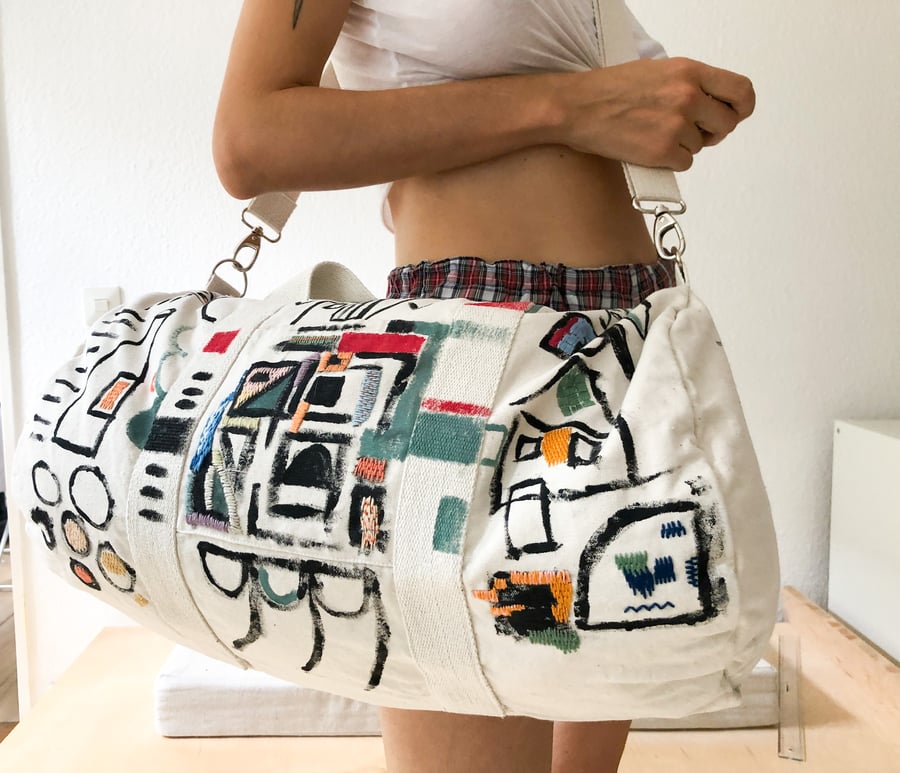 Image of Hand embroidered and hand painted duffle bag, one of a kind, made of recycled cotton