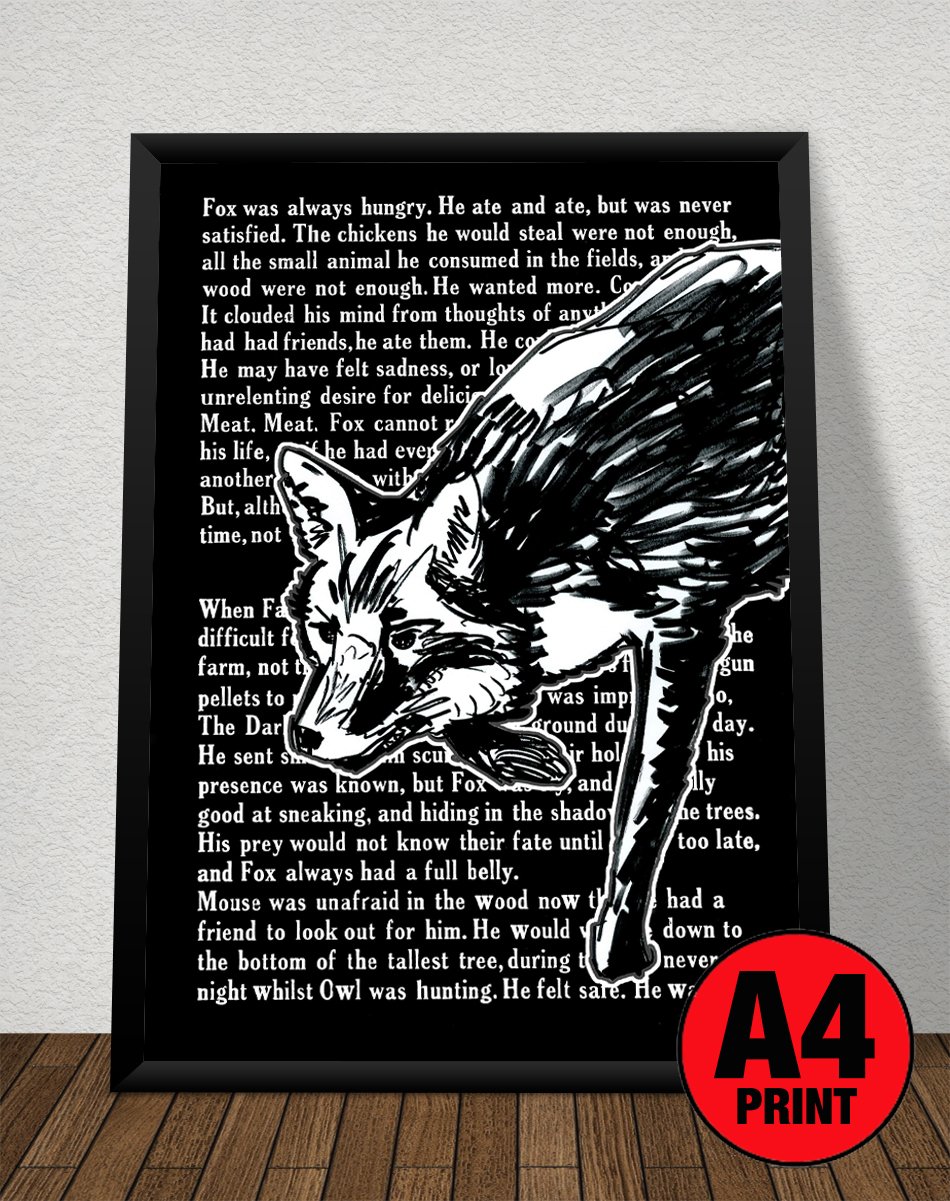 Image of Black Fox Story Text Art Print Signed A4 Size (12" x 8")
