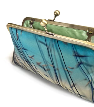 Image of Blue stipa grasses, printed silk clutch bag + chain handle