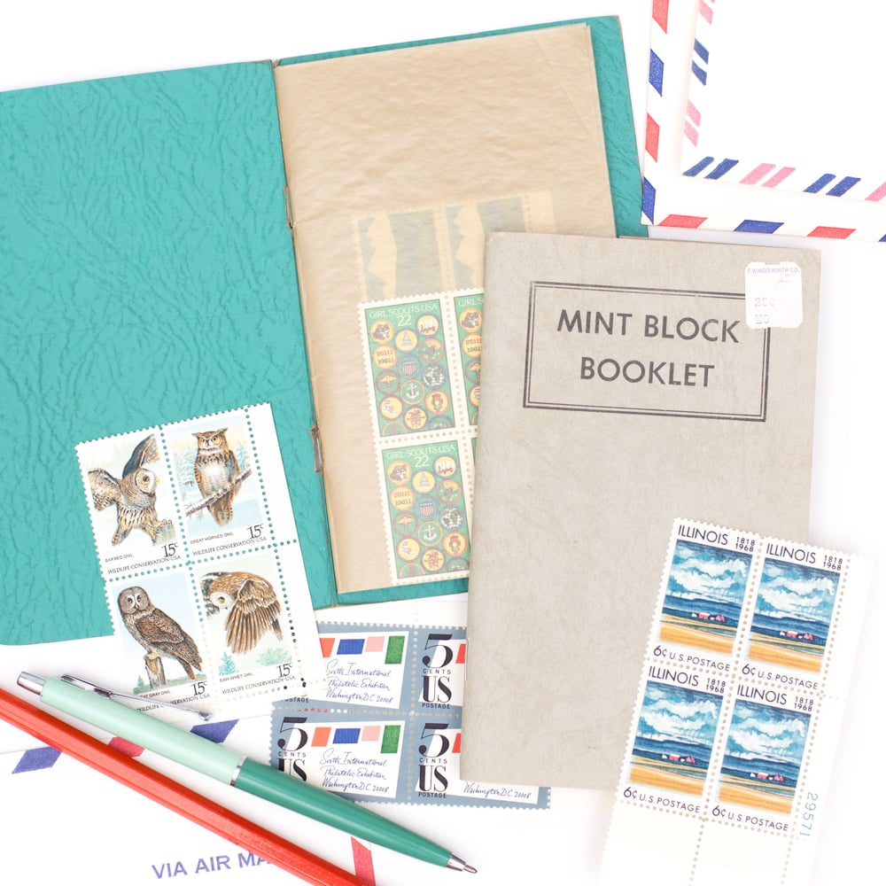 Image of Vintage Pocket Stamp File Booklet with Postage Stamps