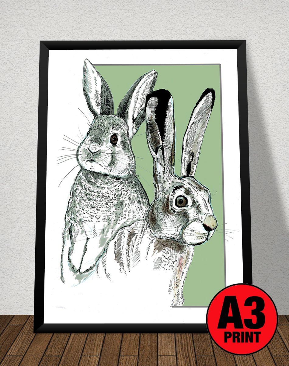 Image of Hare & Rabbit Art Print Signed A3 Size (16" x 12")