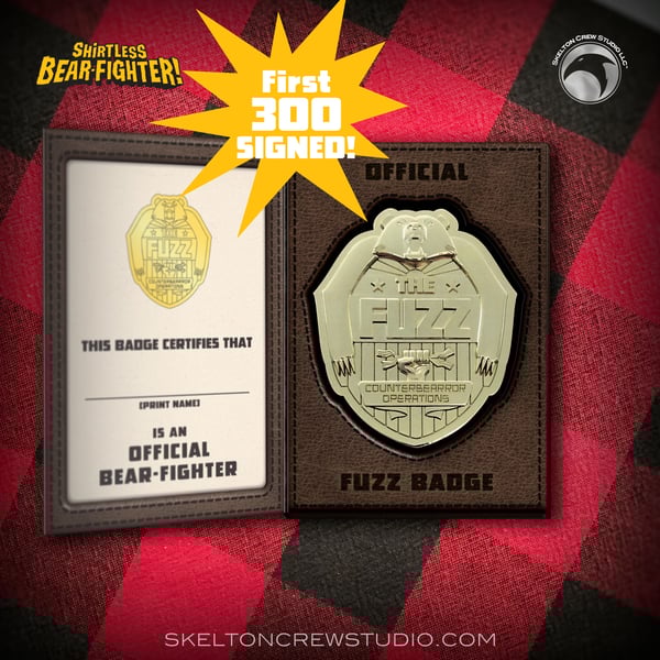 Image of Shirtless Bear-Fighter: SIGNED Official Fuzz Badge w/BONUS Bear Rug!