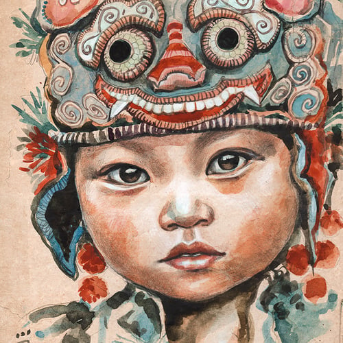 Image of Paper Art Print - "Bébé chinois au bonnet tigre"