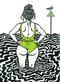'Wading out' Lime Green ( A5 with border )