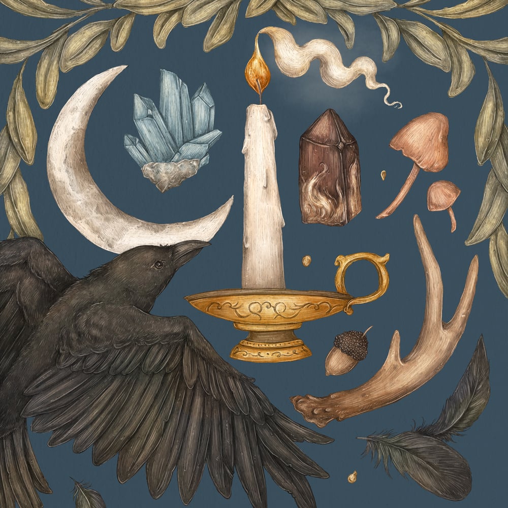 Image of Crow and Crescent Moon Print