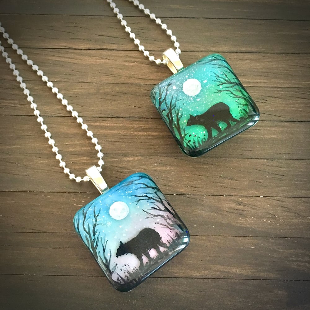 Bear and Moon Twilight Forest Square Resin Pendant