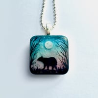 Image 2 of Bear and Moon Twilight Forest Square Resin Pendant