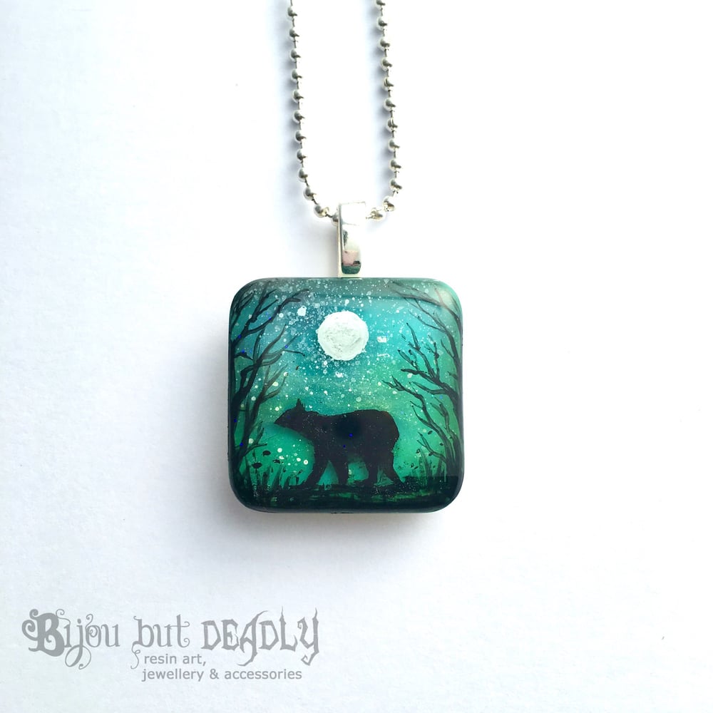Bear and Moon Northern Lights Square Resin Pendant