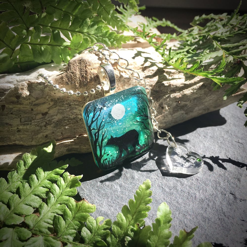 Bear and Moon Northern Lights Square Resin Pendant