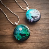 Image 4 of Wolf and Moon Twilight Forest Round Resin Pendant