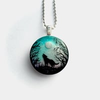 Image 2 of Wolf and Moon Twilight Forest Round Resin Pendant