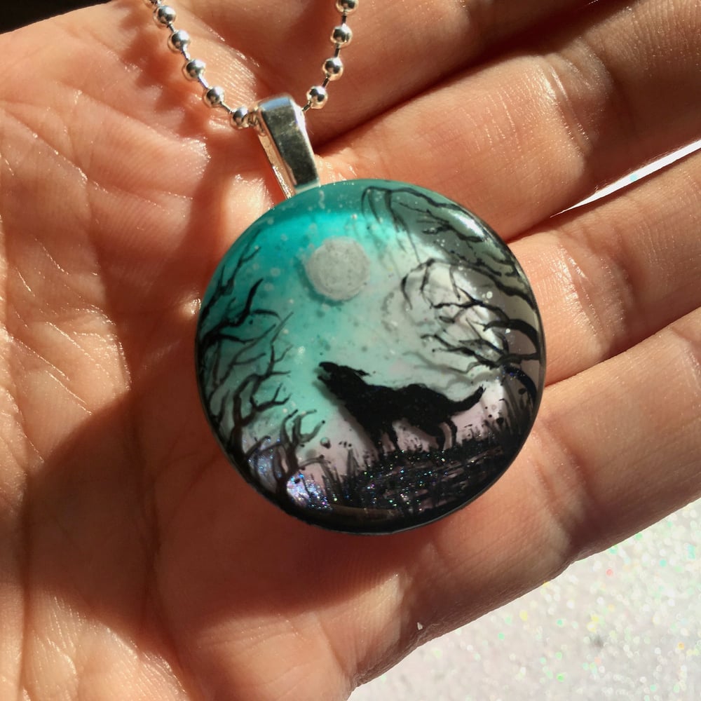 Wolf and Moon Twilight Forest Round Resin Pendant