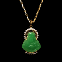 Image 3 of 10K Cha'an Hong Jade Laughing Buddha Pendant Strong Green Jade (Partially Iced)