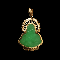 Image 2 of 10K Cha'an Hong Jade Laughing Buddha Pendant Strong Green Jade (Partially Iced)
