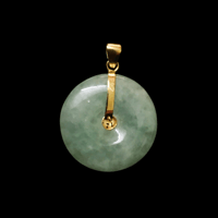 Image 2 of 10K Fu Fuku Fortune Zhong Disc Pendant Light Green Jade