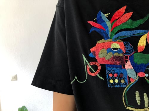 Image of Someone’s living room - hand embroidered tshirt, made of organic cotton, one of a kind