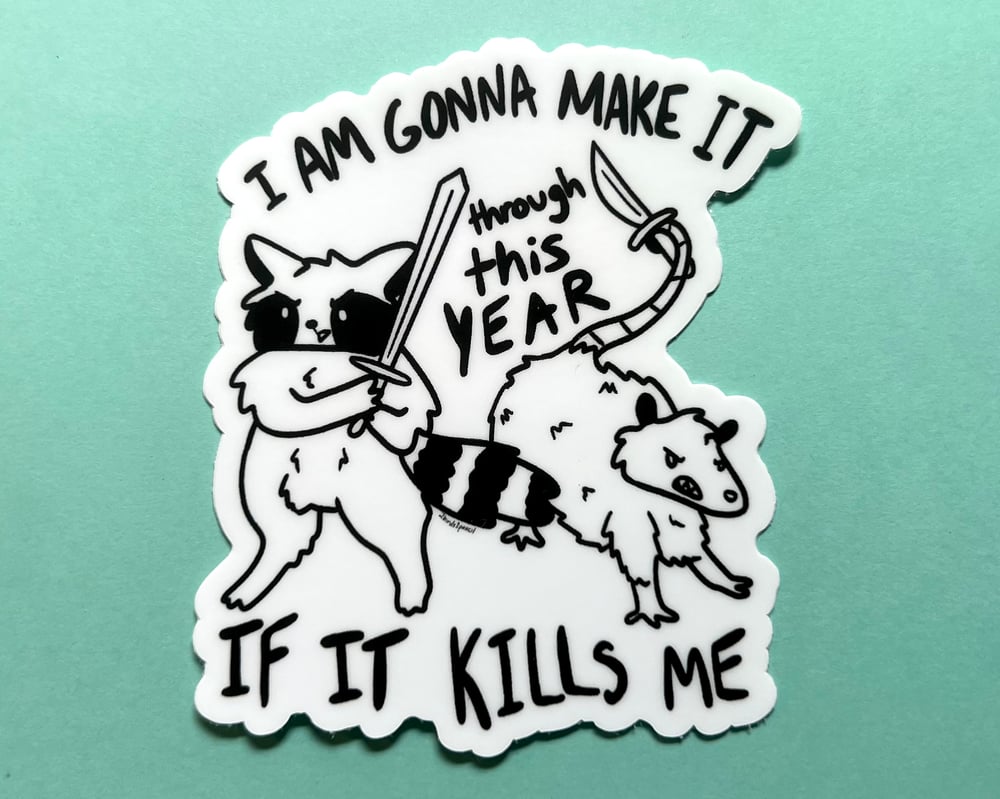Image of Sword raccoon & knife possum sticker - inspired by lyrics from the Mountain Goats