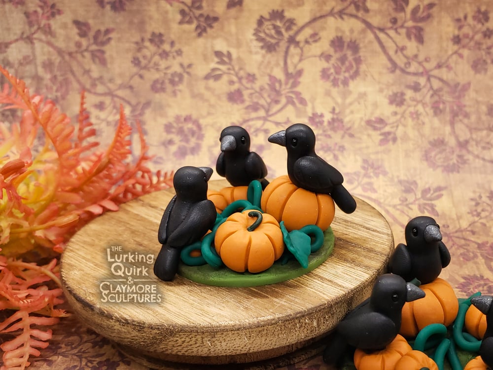 Crows in an Orange Pumpkin Patch - Polymer Clay Sculpture