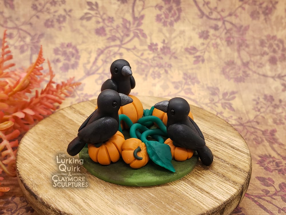 Crows in an Orange Pumpkin Patch - Polymer Clay Sculpture