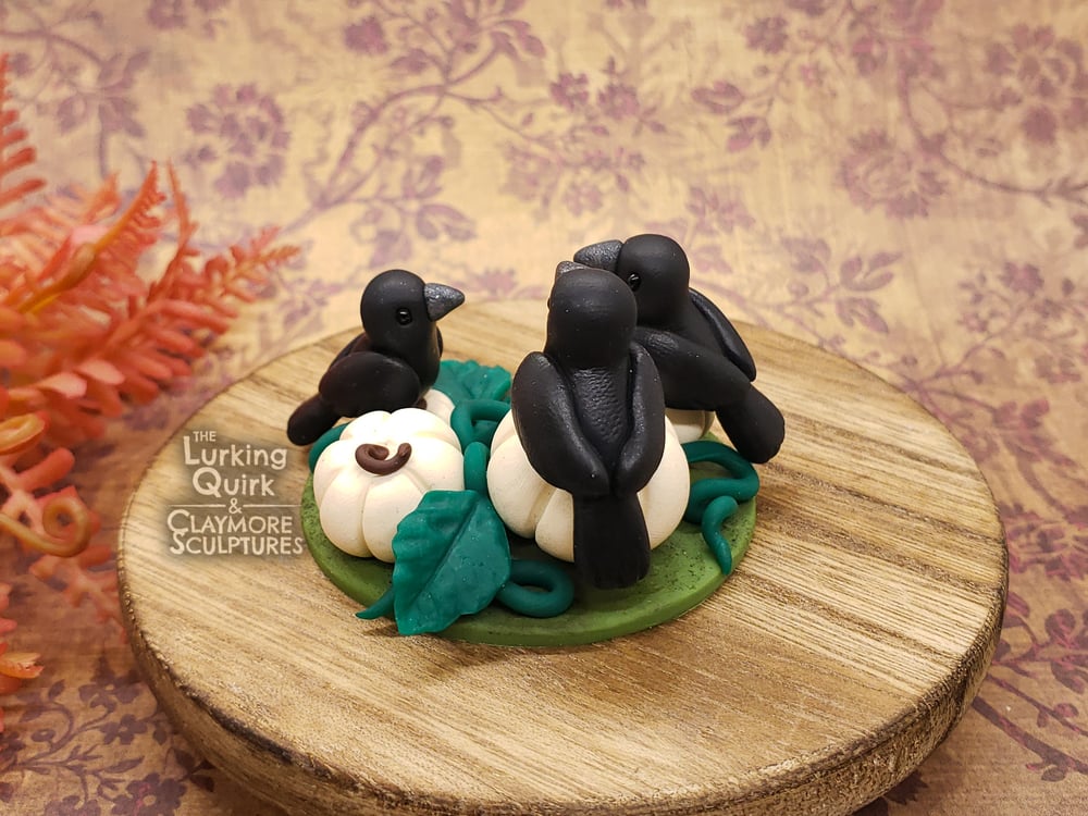 Crows in a White Pumpkin Patch - Polymer Clay Sculpture