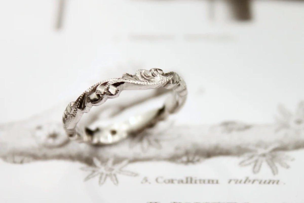Image of Platinum 3mm floral carved ring