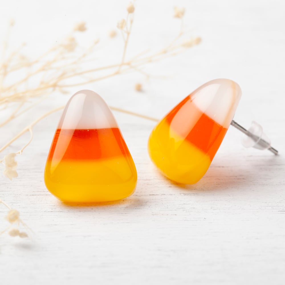 Image of Candy Corn Fused Glass Stud Earrings
