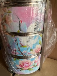 Image 1 of 3 tier tiffin- Longevity crane and lotus flower design