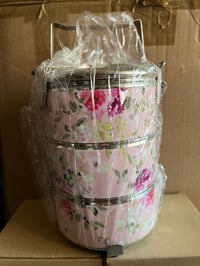 Image 1 of 3 tier tiffin- Pink flowers design