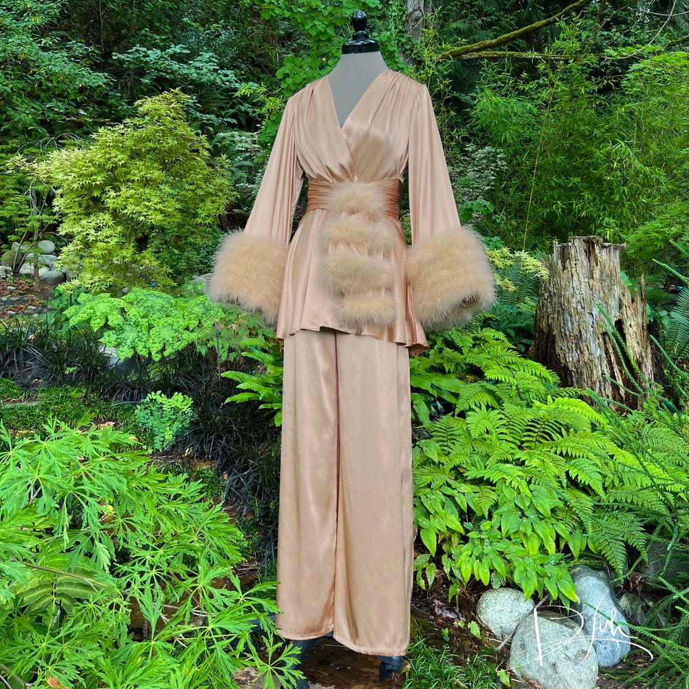 Image of Gold Beverly Lounge Suit w/ Marabou Cuffs