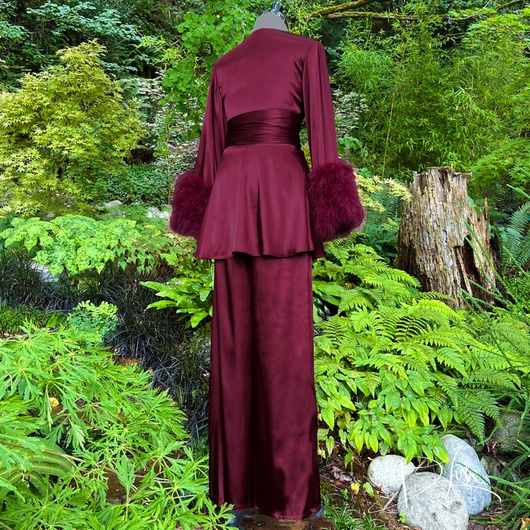 Wine Beverly Lounge Suit w/ Marabou Cuffs Image 3