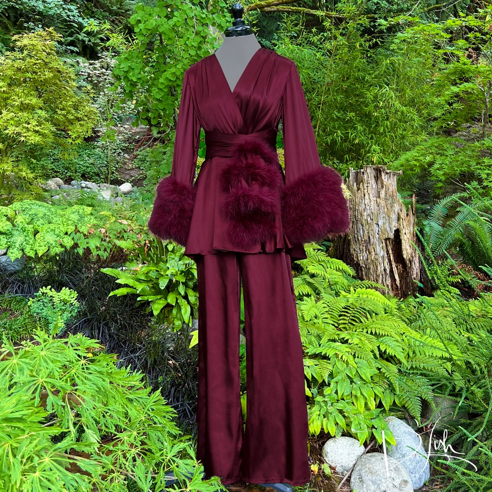 Image of Wine Beverly Lounge Suit w/ Marabou Cuffs