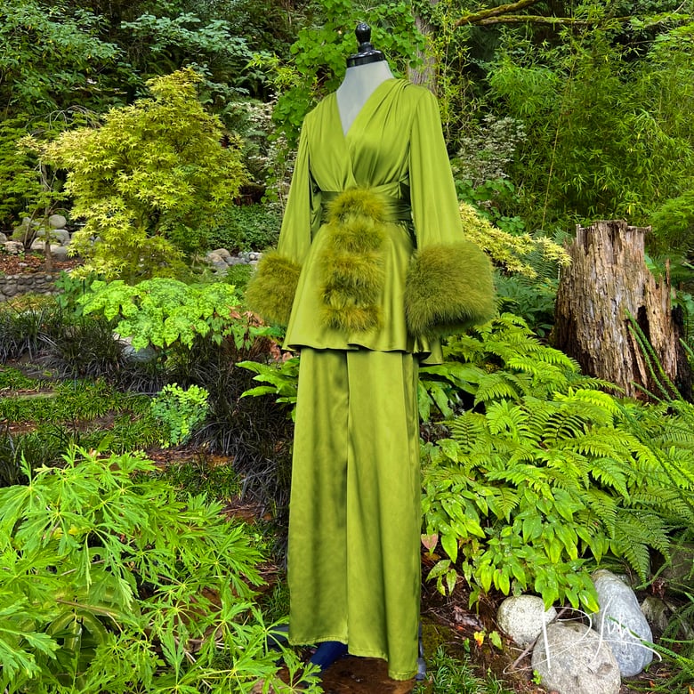 Image of Olive Beverly Lounge Suit w/ Marabou Cuffs