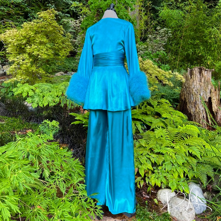 Turquoise Beverly Lounge Suit w/ Marabou Cuffs Image 3