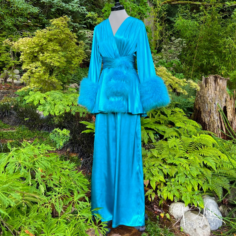 Image of Turquoise Beverly Lounge Suit w/ Marabou Cuffs