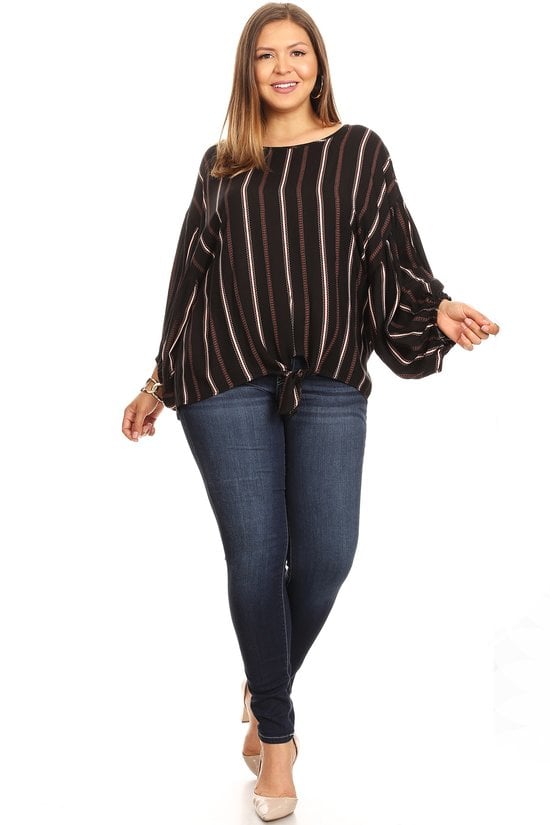 STRIPPED BLOUSE W/ BOTTOM TIE - PLUS SIZE