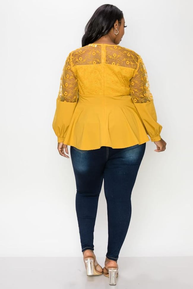 LACE TOP LONG SLEEVE BUTTON BLOUSE - PLUS SIZE