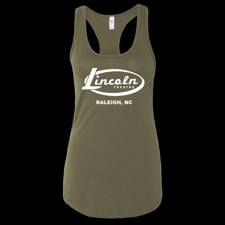 Lincoln Oval Logo Racerback tee (White on Military Heather Green)