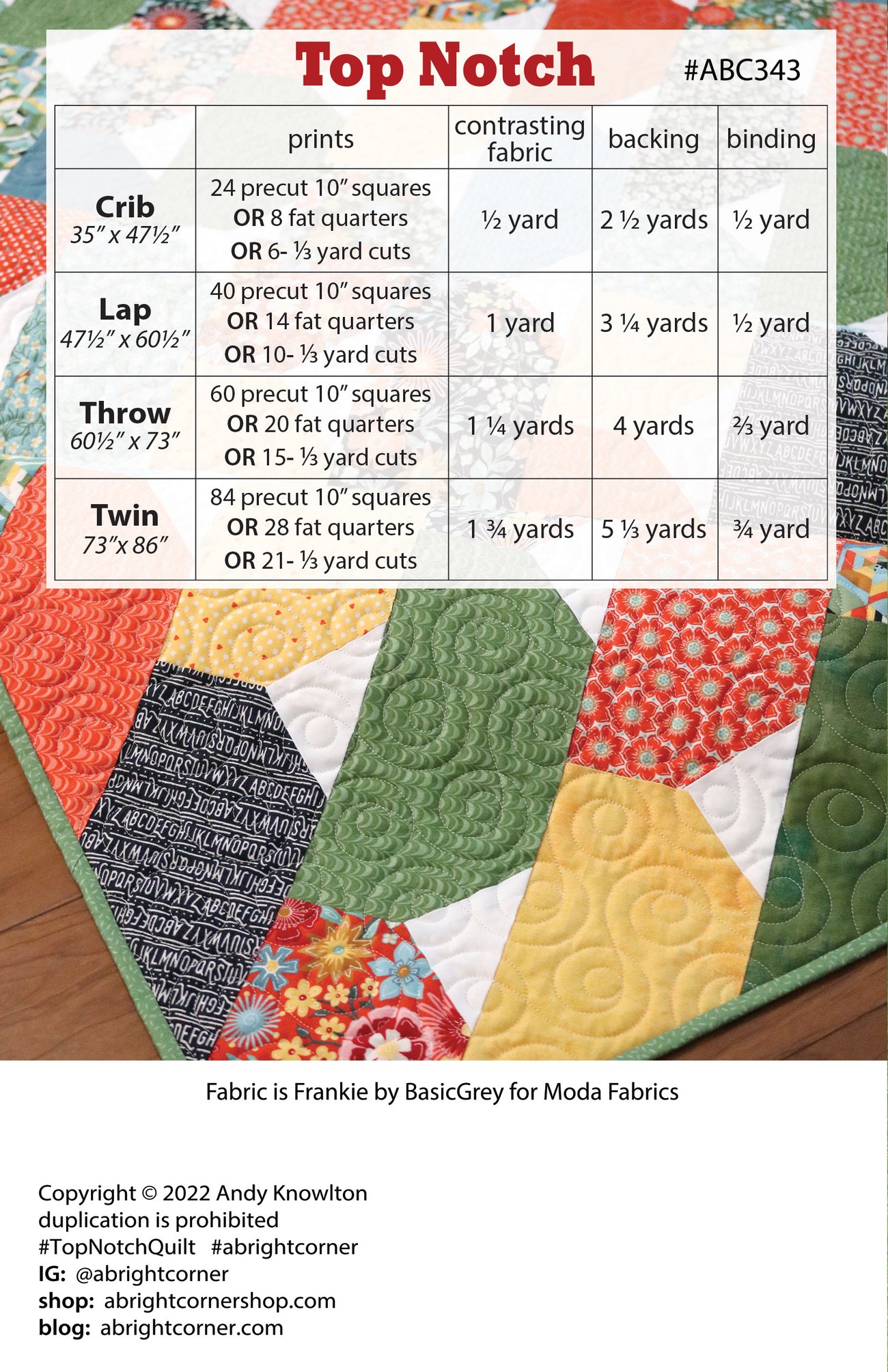 Top Notch Pattern - PDF Version | A Bright Corner