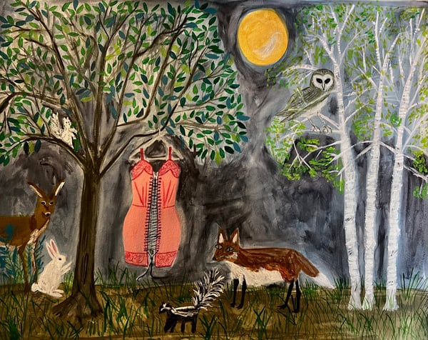 Image of A gathering in the woods. Original mixed media painting.