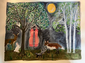 Image of A gathering in the woods. Original mixed media painting.