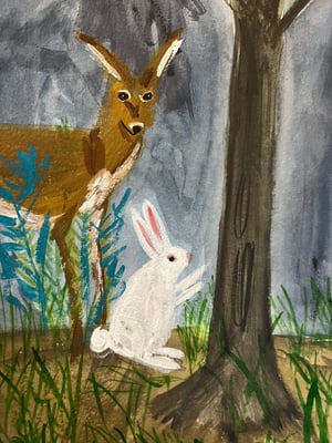 Image of A gathering in the woods. Original mixed media painting.