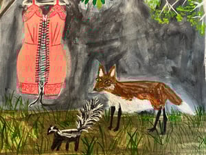 Image of A gathering in the woods. Original mixed media painting.