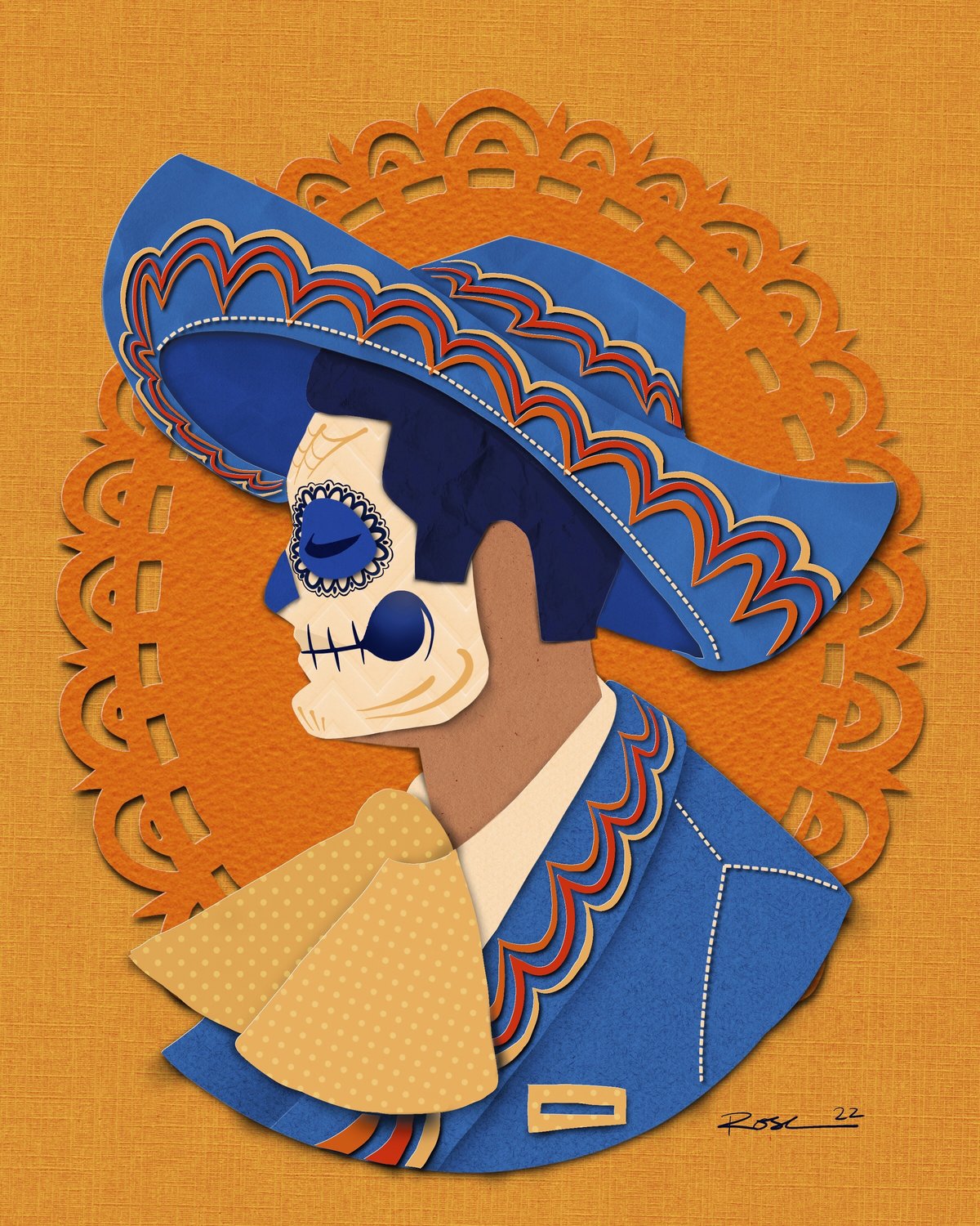 Image of 8x10 Day of the Dead paper cut style cameo - Man 