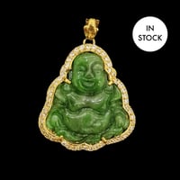 Image 1 of 10K Cha'an Hong Jade Laughing Buddha Pendant (Fully Iced) Strong Green