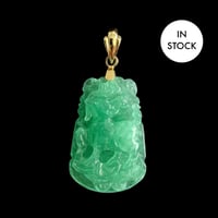 Image 1 of 10 K Gold Goat Chinese Zodiac Green Jade Pendant