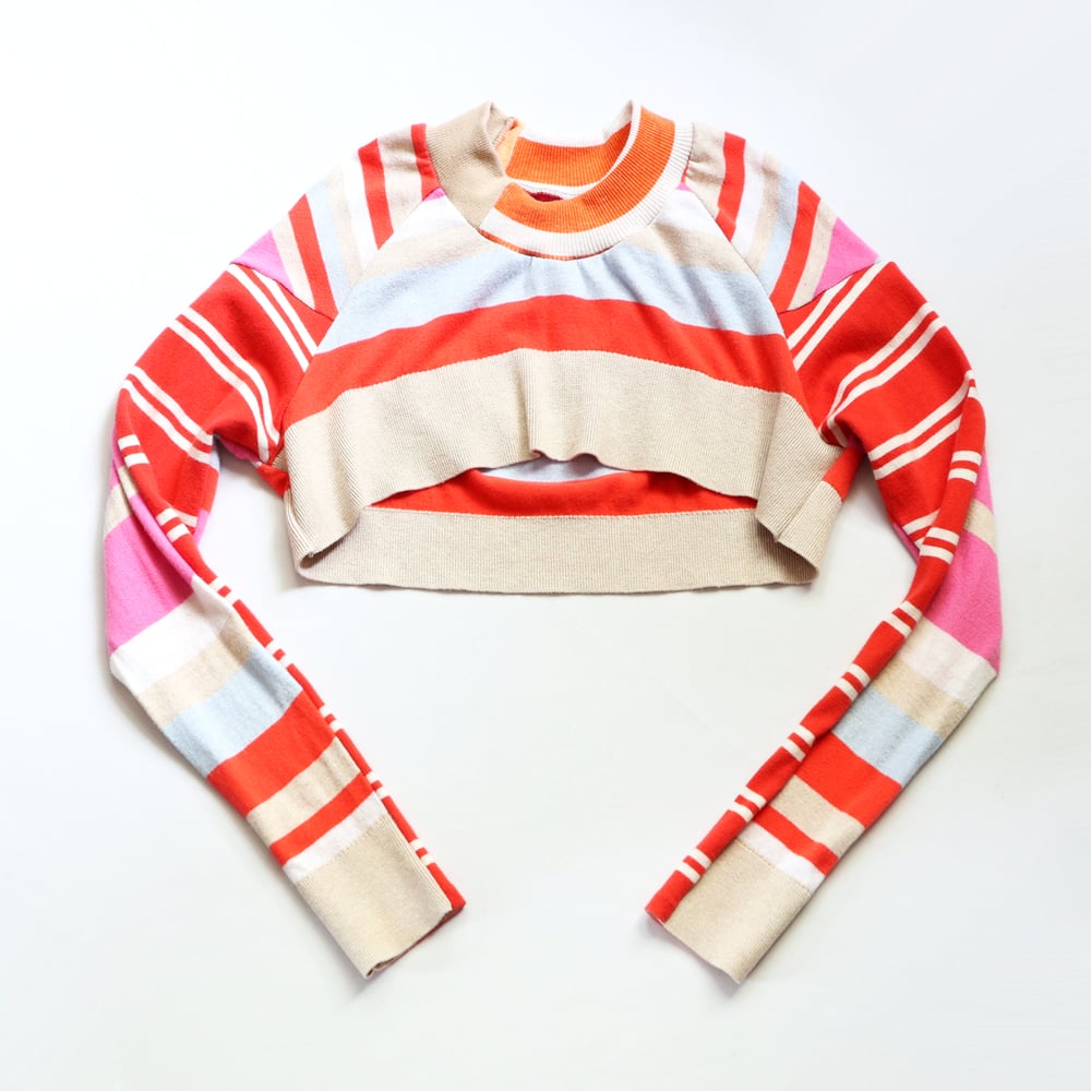 Image of superstripe orange pink courtneycourtney SIZE 14/16 patchwork baseball raglan sleeve shrug sweater