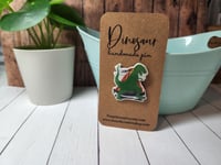 Image 1 of Green T-Rex & Volcano Dinosaur Handmade Pin